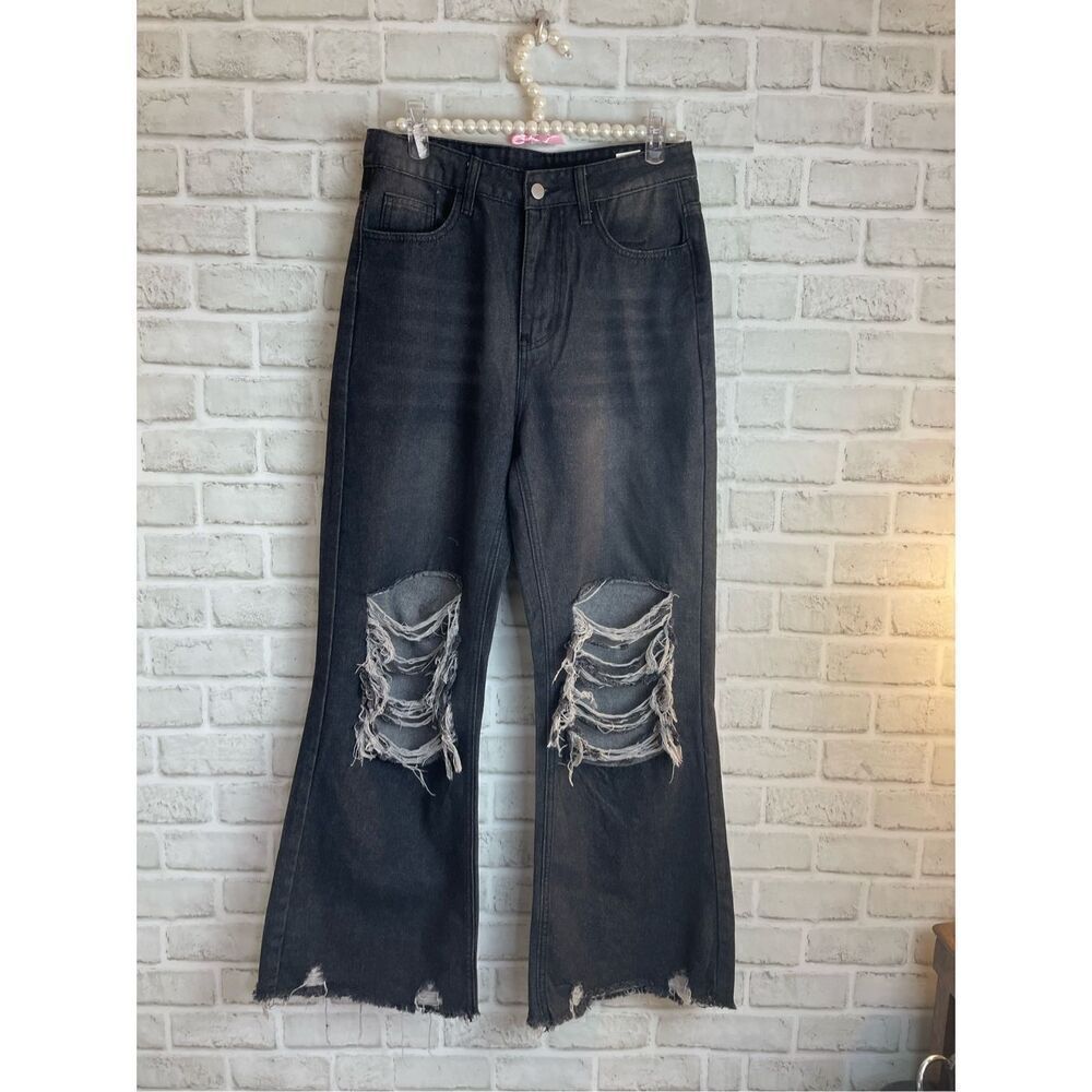 RIPPED HIGH WAIST BELL LEG JEANS WOMENS SIZE 6  Mom Jeans Dark Wash
Distressed
